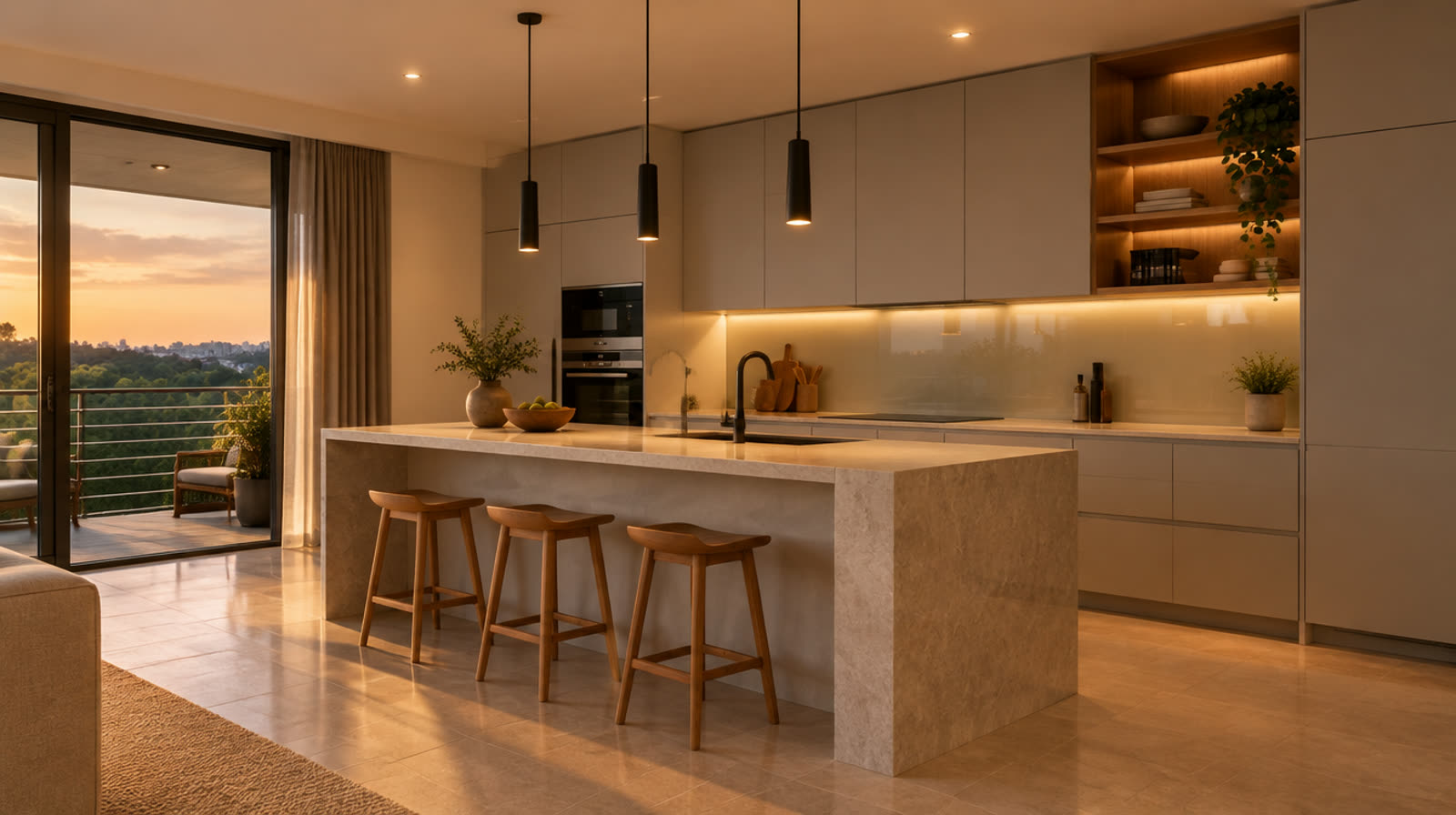 Open-plan kitchen with a stone island