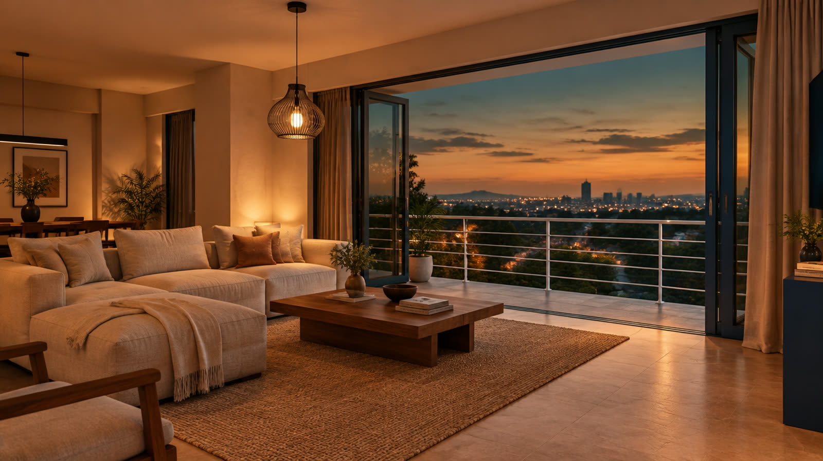 Living space opening onto the balcony at dusk